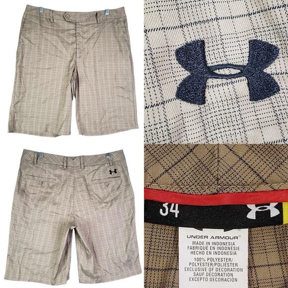 Under Armour UA Golf Shorts Men's Size 34 Tan Plaid Flat Front Performance - Picture 1 of 9